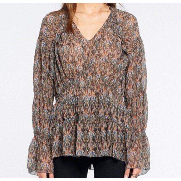 IRO Janie Floral Printed Tunic Blouse Ruffle Long Sleeve Hi-Low Printed Sheer 36 - Picture 1 of 12